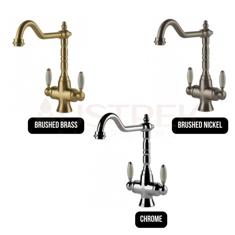 TURNER HASTINGS PROVIDENCE DOUBLE SINK MIXER 291MM BRUSHED BRASS (CERAMIC HANDLE)