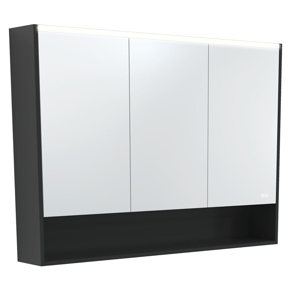 FIENZA SATIN BLACK LED MIRROR SHAVING CABINET WITH DISPLAY SHELF 1200X850MM
