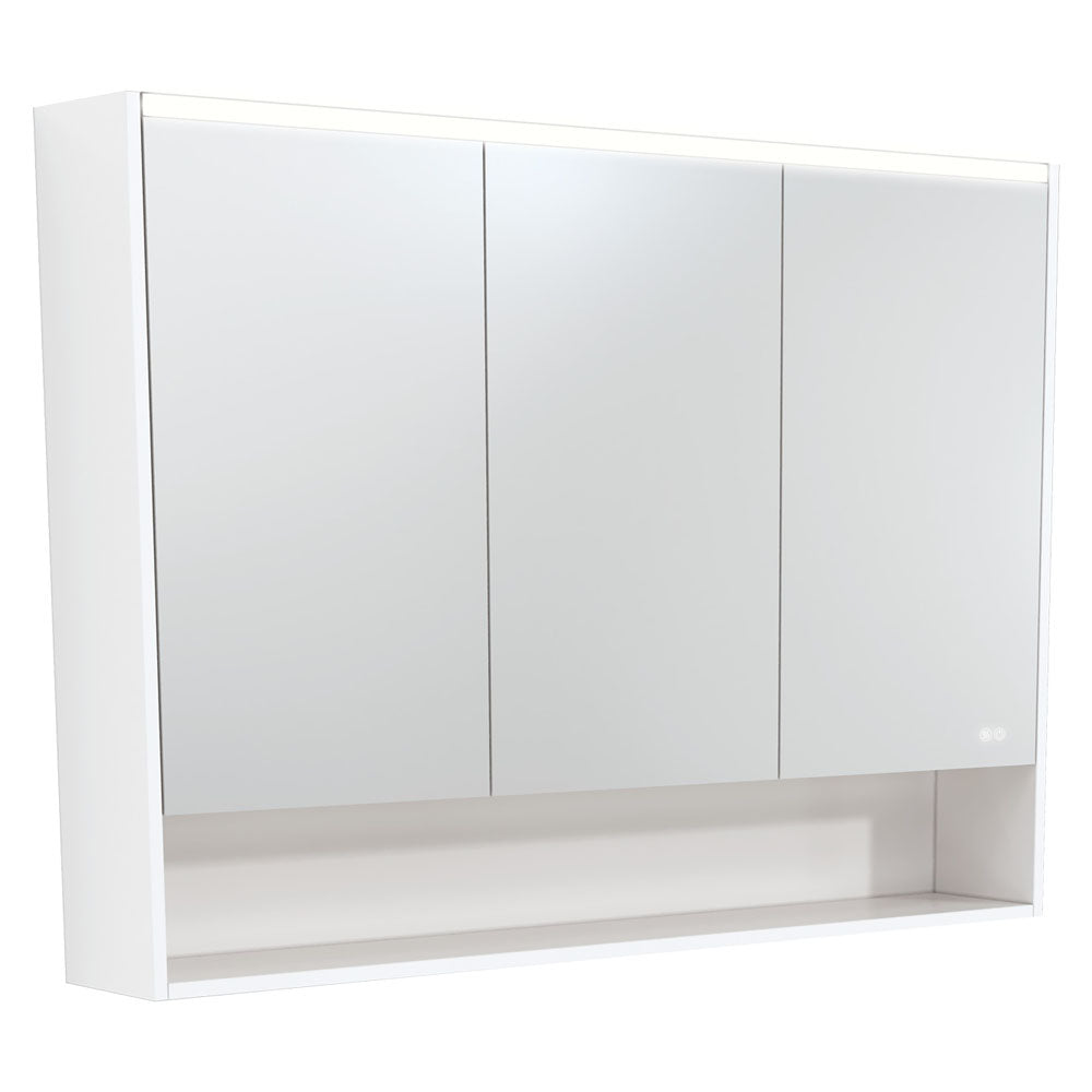 FIENZA SATIN WHITE LED MIRROR SHAVING CABINET WITH DISPLAY SHELF 1200X850MM