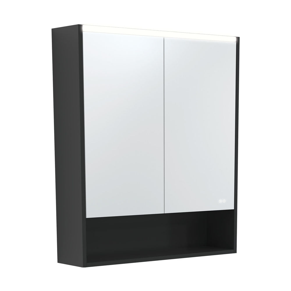 FIENZA SATIN BLACK LED MIRROR SHAVING CABINET WITH DISPLAY SHELF 750X850MM