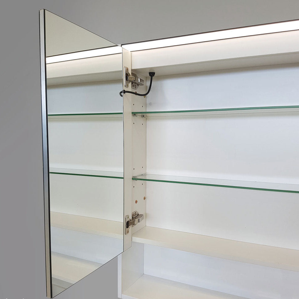 FIENZA SATIN WHITE LED MIRROR SHAVING CABINET WITH DISPLAY SHELF 1200X850MM