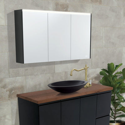 FIENZA SATIN BLACK LED MIRROR SHAVING CABINET WITH SIDE PANELS 900X670MM