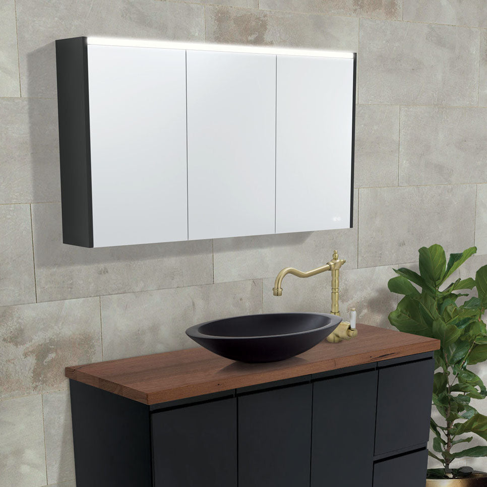 FIENZA SATIN BLACK LED MIRROR SHAVING CABINET WITH SIDE PANELS 900X670MM