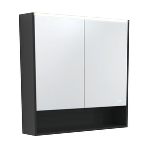 FIENZA SATIN BLACK LED MIRROR SHAVING CABINET WITH DISPLAY SHELF 900X850MM