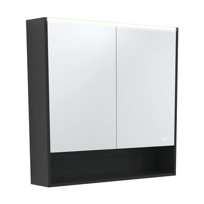 FIENZA SATIN BLACK LED MIRROR SHAVING CABINET WITH DISPLAY SHELF 900X850MM