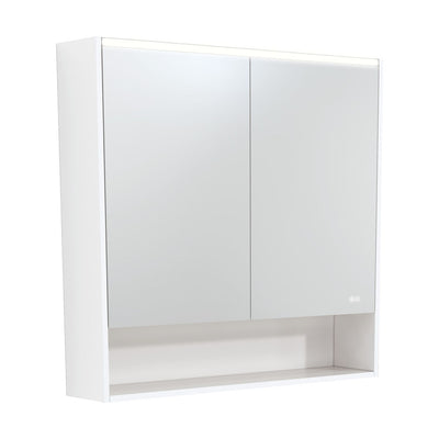 FIENZA SATIN WHITE LED MIRROR SHAVING CABINET WITH DISPLAY SHELF 900X850MM