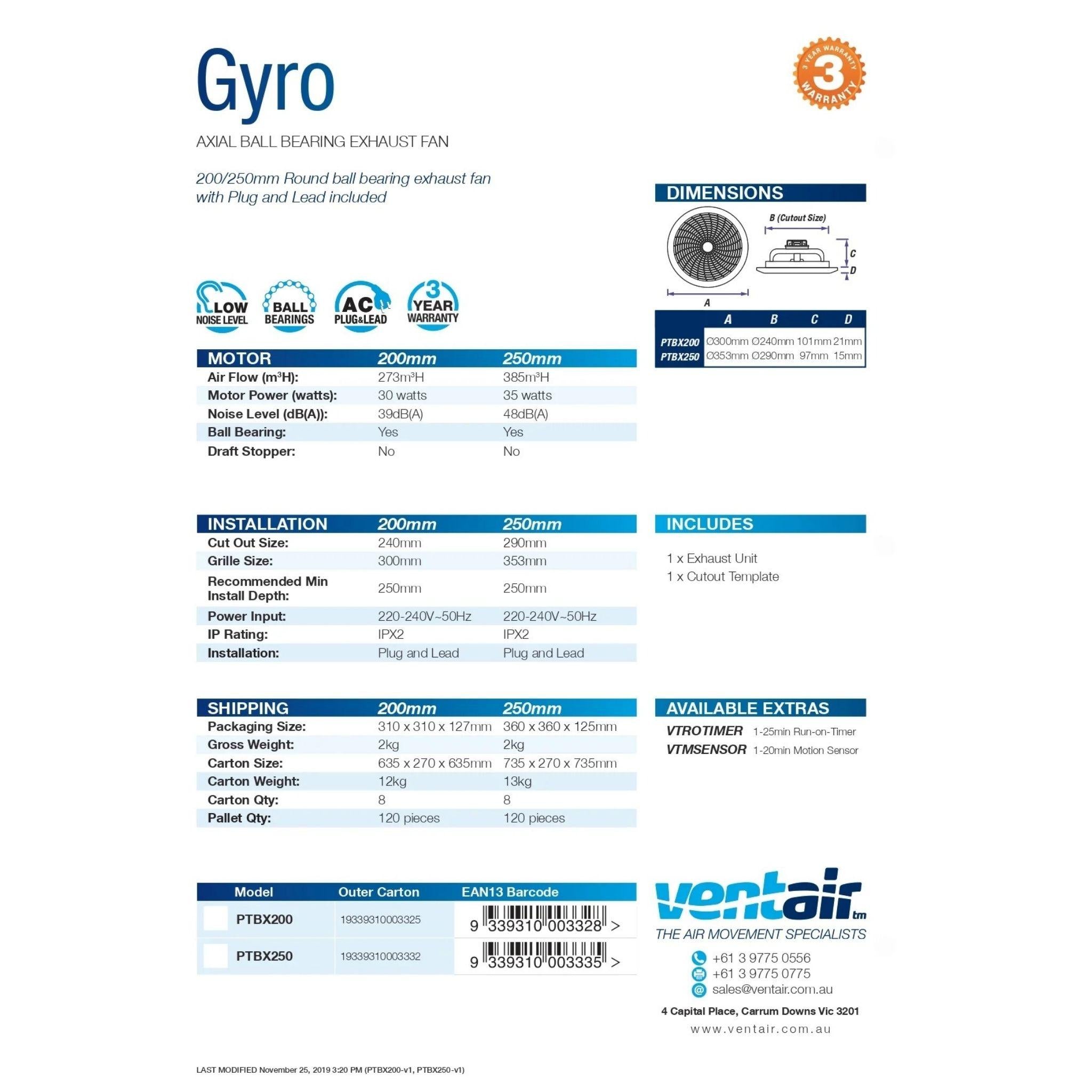 VENTAIR GYRO HIGH AIR EXTRACTION AXIAL EXHAUST FAN WHITE (AVAILABLE IN 200MM AND 250MM)