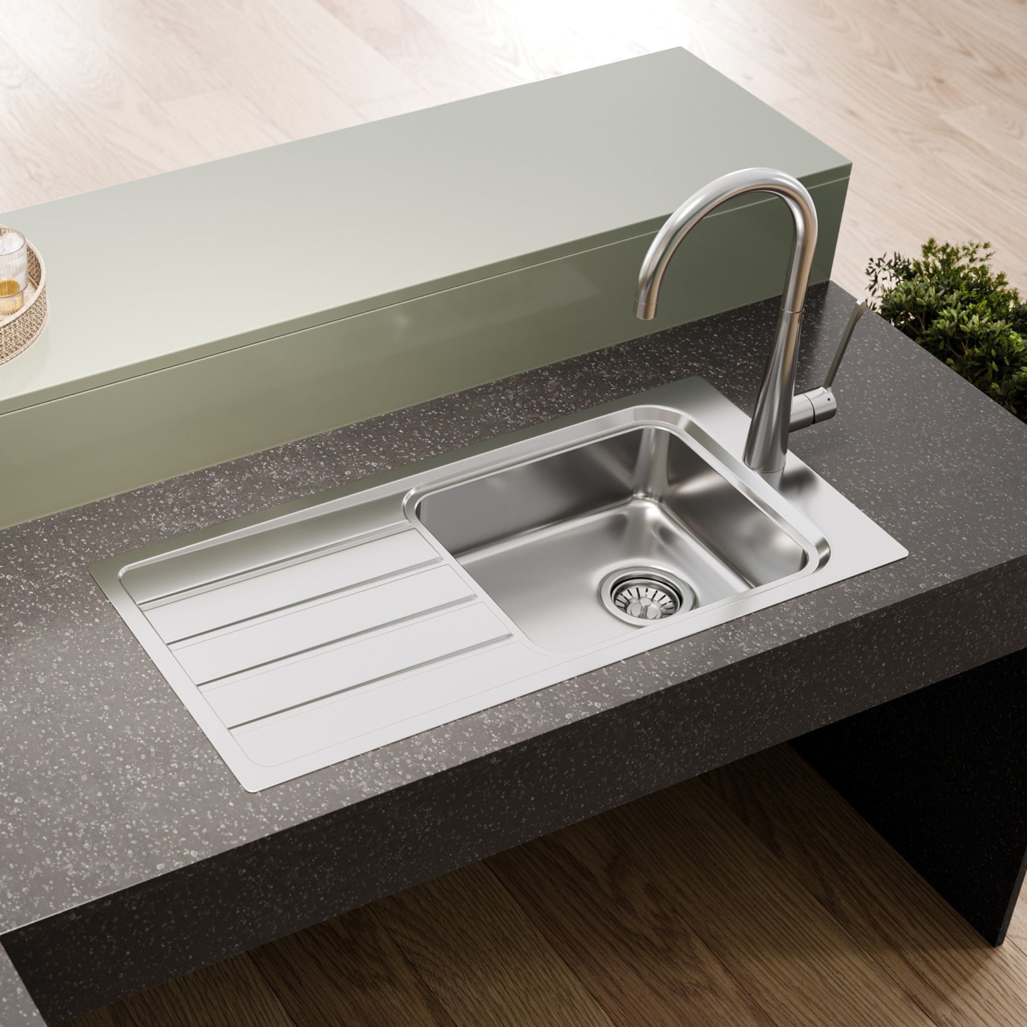 OLIVERI PURO SINGLE BOWL TOPMOUNT CARE SINK WITH DRAINER STAINLESS STEEL 900MM