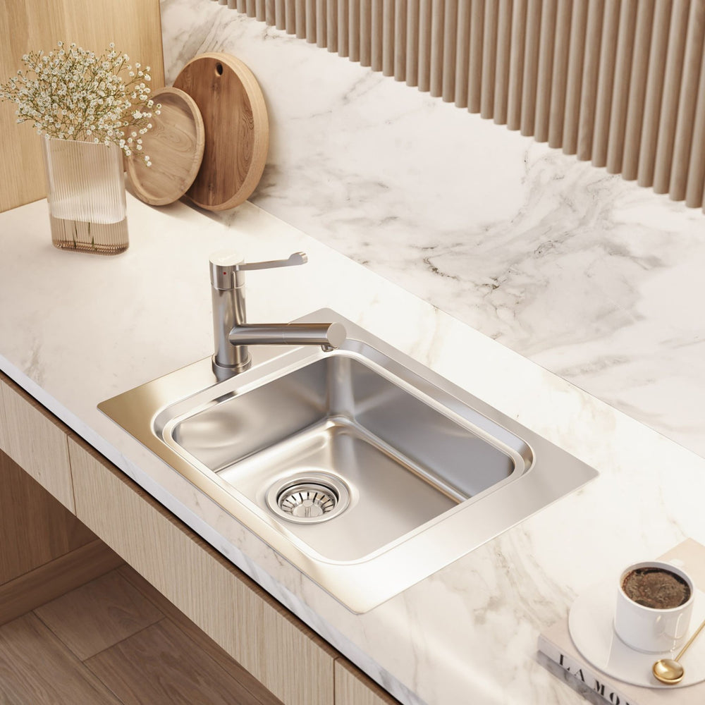 OLIVERI PURO SINGLE BOWL TOPMOUNT CARE SINK STAINLESS STEEL 580MM