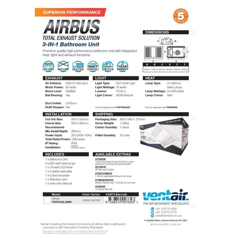 VENTAIR AIRBUS 3 IN1 HIGH AIRFLOW HEAT LIGHT EXHAUST WHITE