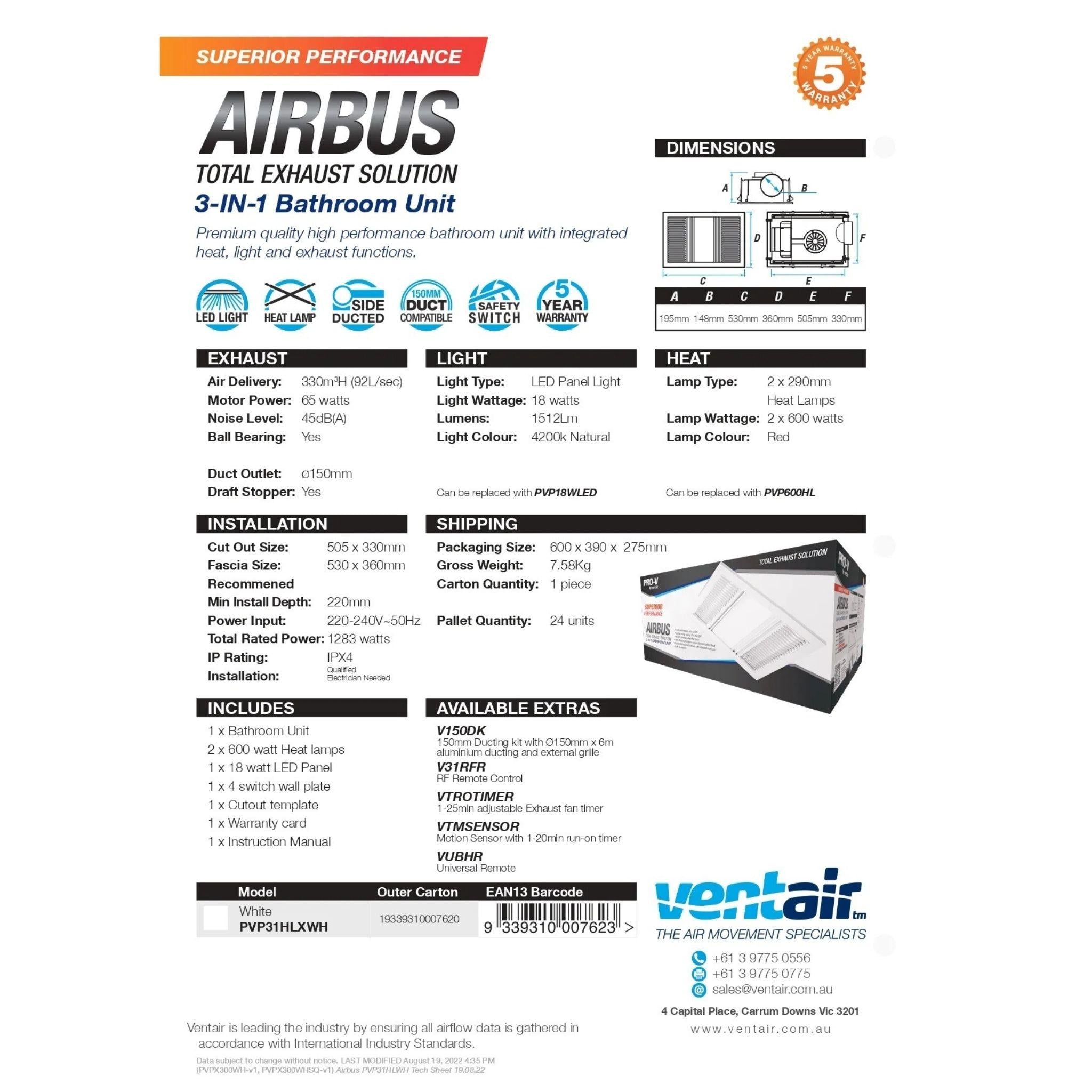 VENTAIR AIRBUS 3 IN1 HIGH AIRFLOW HEAT LIGHT EXHAUST WHITE