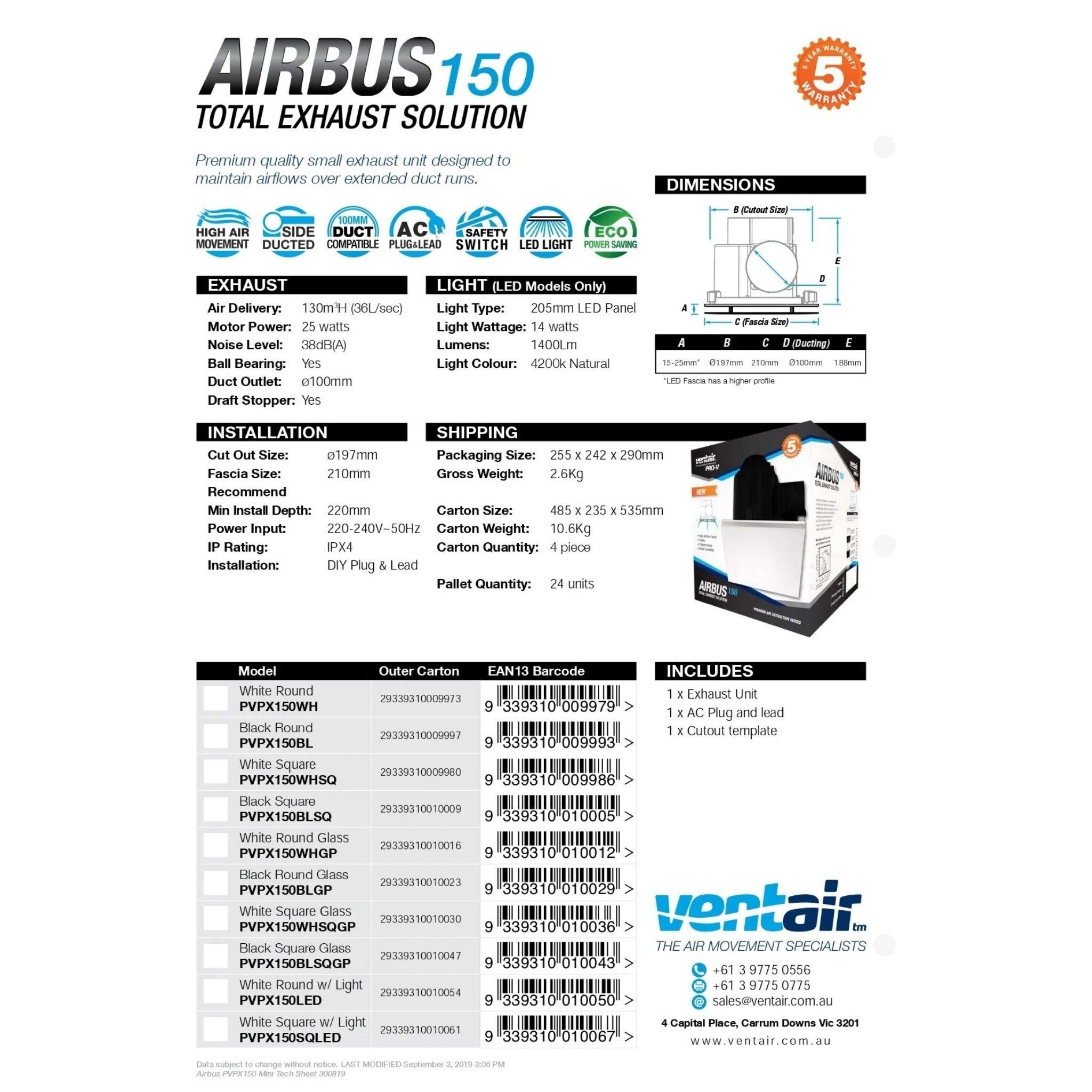 VENTAIR AIRBUS 150 SQUARE PREMIUM QUALITY SIDE DUCTED EXHAUST FAN WITH 10W LED PANEL WHITE