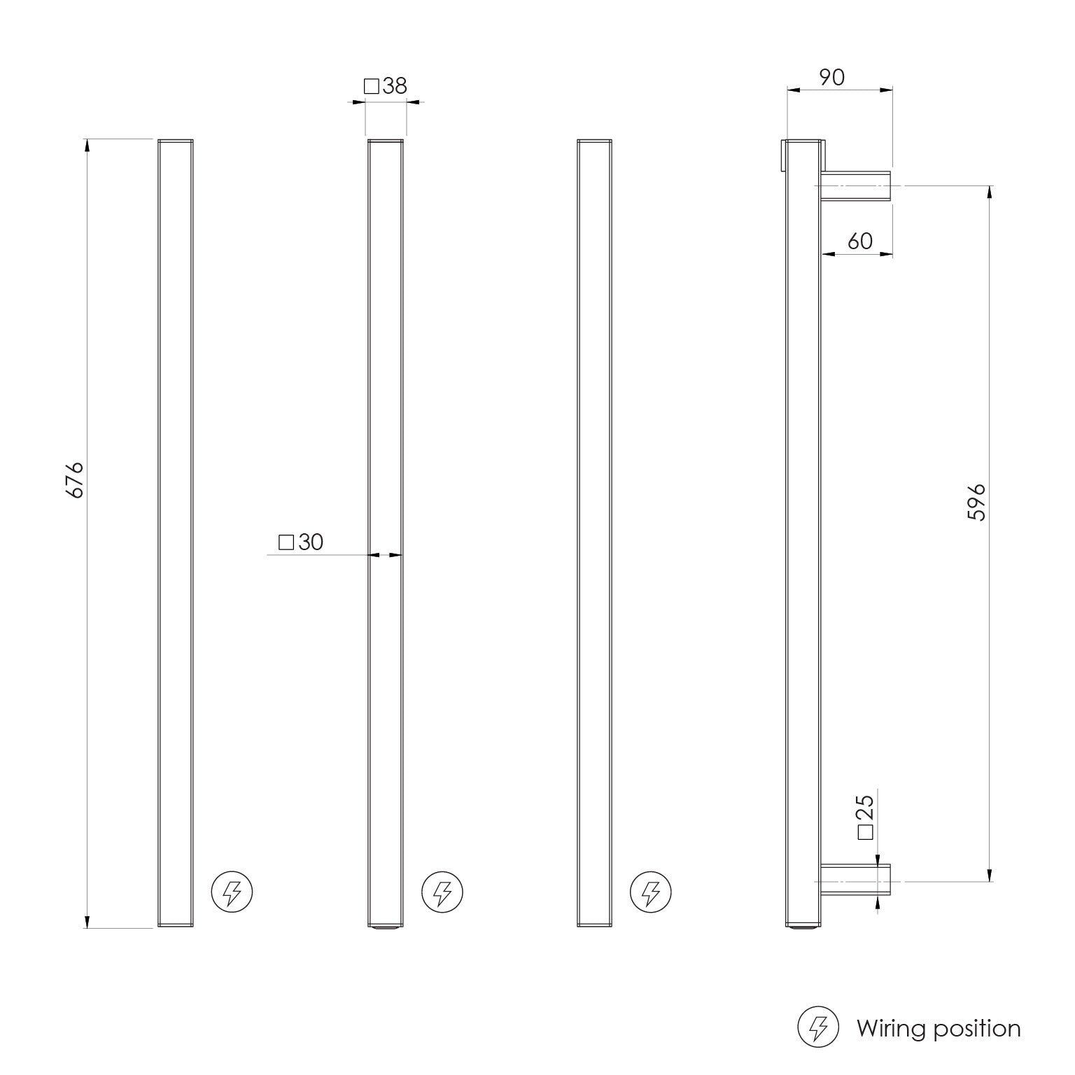 PHOENIX SQUARE TRIPLE HEATED TOWEL RAIL BRUSHED GOLD (AVAILABLE IN 600MM AND 800MM)