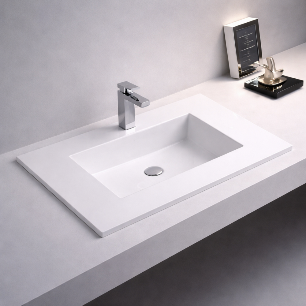 POSEDION SLIMLINE GLOSS WHITE SINGLE BOWL POLY VANITY TOP (AVAILABLE IN 600MM, 750MM AND 900MM)