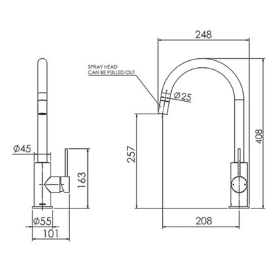 FELTON LINEA PULL OUT SINK MIXER 408MM CHROME