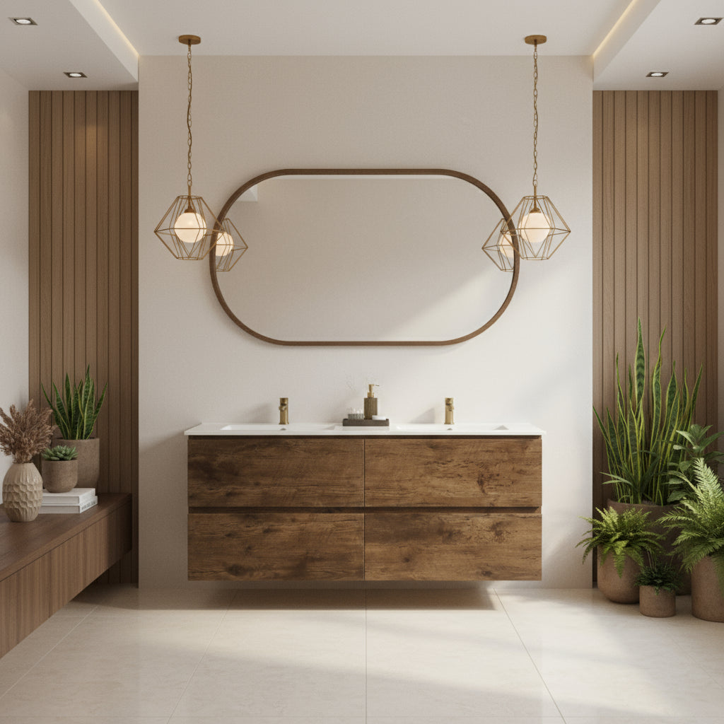 POSEIDON QUBIST DARK OAK 1200MM DOUBLE BOWL WALL HUNG VANITY