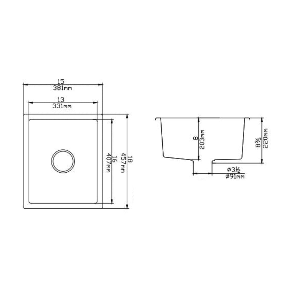 POSEIDON QUARTZ SINGLE BOWL TOP / UNDERMOUNT KITCHEN SINK MATTE BLACK 381MM
