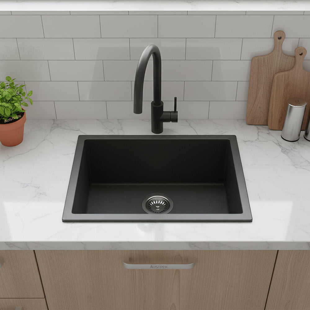 POSEIDON QUARTZ SINGLE BOWL TOP / UNDERMOUNT KITCHEN SINK MATTE BLACK 730MM