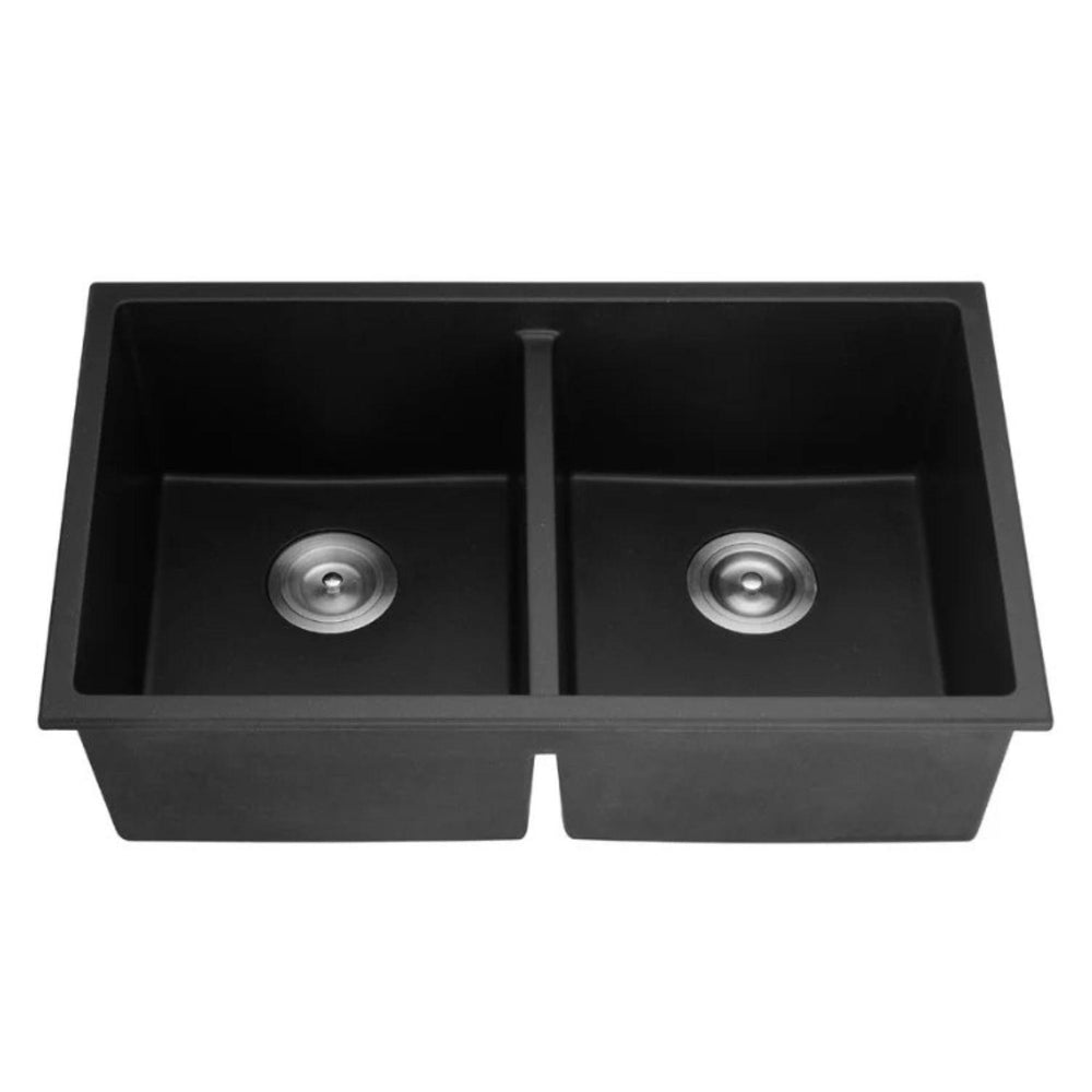 POSEIDON QUARTZ DOUBLE BOWL TOP / UNDERMOUNT KITCHEN SINK MATTE BLACK 813MM