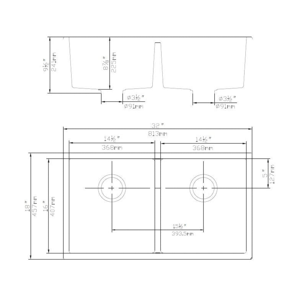 POSEIDON QUARTZ DOUBLE BOWL TOP / UNDERMOUNT KITCHEN SINK MATTE BLACK 813MM