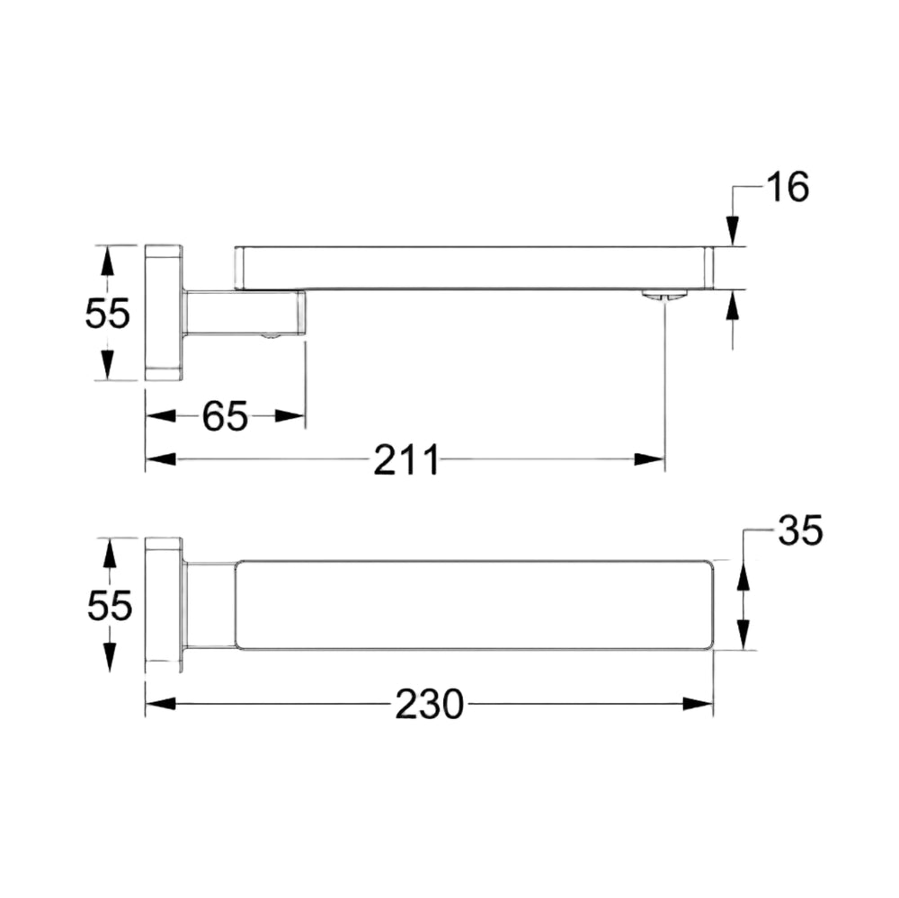 Linsol Quadra Swivel Wall Bath Spout 230mm Chrome - Technical Drawing