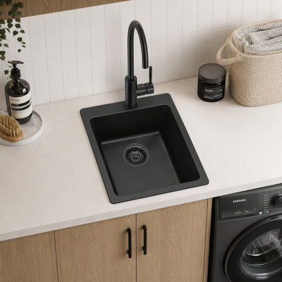 VITO QUARTZ SINGLE BOWL TOPMOUNT LAUNDRY SINK WITH TAPHOLE MATTE BLACK 350MM