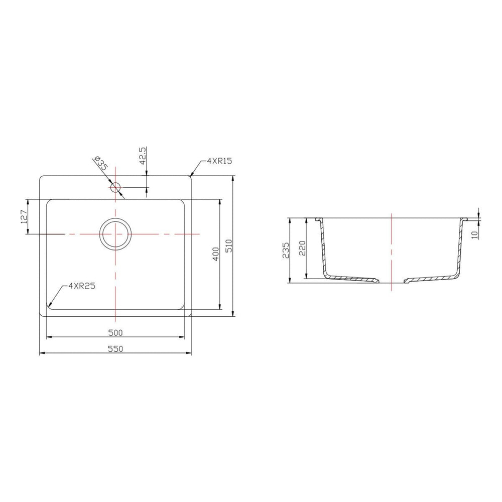 VITO QUARTZ SINGLE BOWL TOPMOUNT KITCHEN SINK WITH TAPHOLE MATTE BLACK 550MM