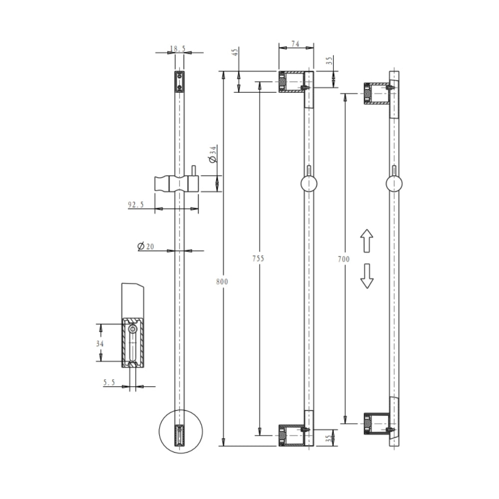 BELLA VISTA MICA SHOWER RAIL 800MM GUN METAL