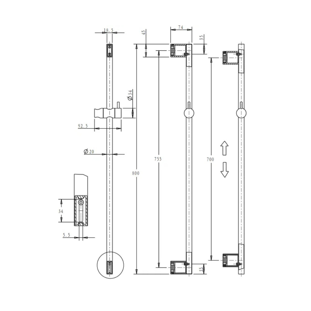 BELLA VISTA MICA SHOWER RAIL 800MM CHROME