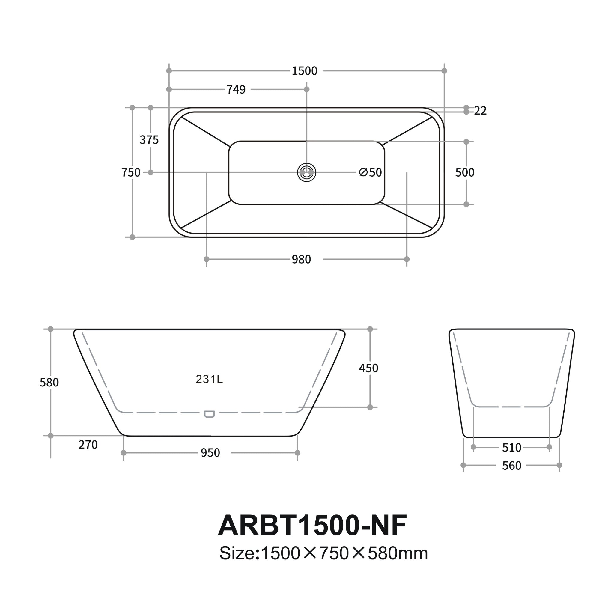 VITO ROSSA FREESTANDING BATHTUB GLOSS WHITE (AVAILABLE IN 1500MM AND 1700MM)