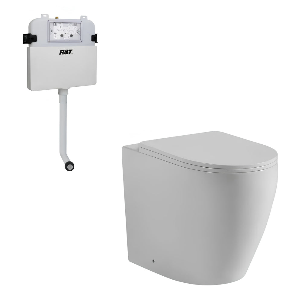 VITO SERENO RIMLESS WALL FACED TOILET PAN WITH R&T IN WALL CISTERN PACKAGE GLOSS WHITE