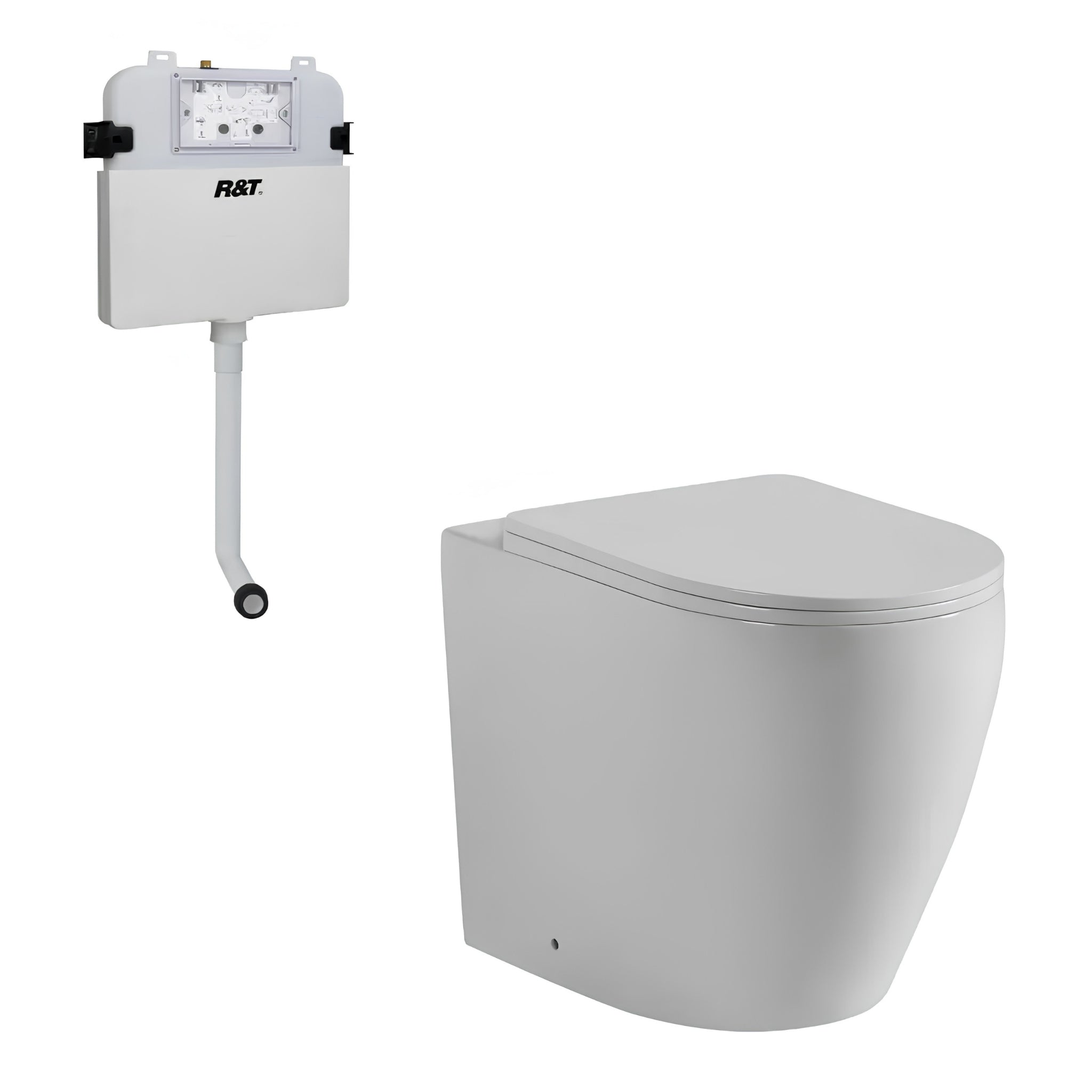 VITO SERENO RIMLESS WALL FACED TOILET PAN WITH R&T IN WALL CISTERN PACKAGE GLOSS WHITE