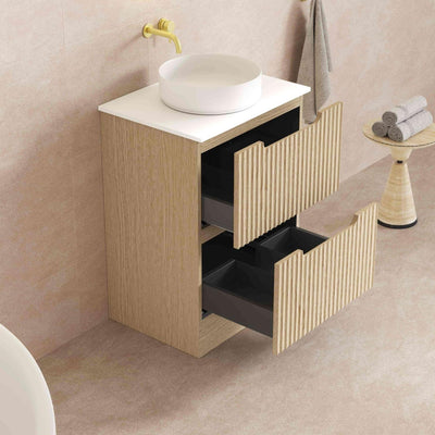 MERCIO RHEA FLUTED NATURAL OAK 600MM SINGLE BOWL FLOOR STANDING VANITY
