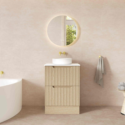 MERCIO RHEA FLUTED NATURAL OAK 600MM SINGLE BOWL FLOOR STANDING VANITY
