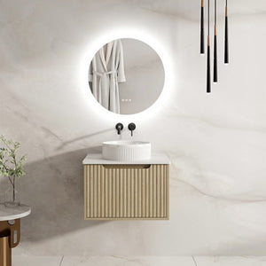 MERCIO RHEA FLUTED NATURAL OAK 600MM SINGLE BOWL WALL HUNG VANITY