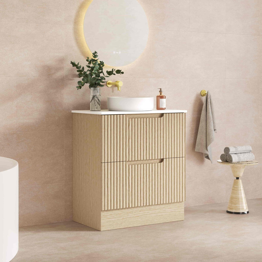 MERCIO RHEA FLUTED NATURAL OAK 750MM SINGLE BOWL FLOOR STANDING VANITY