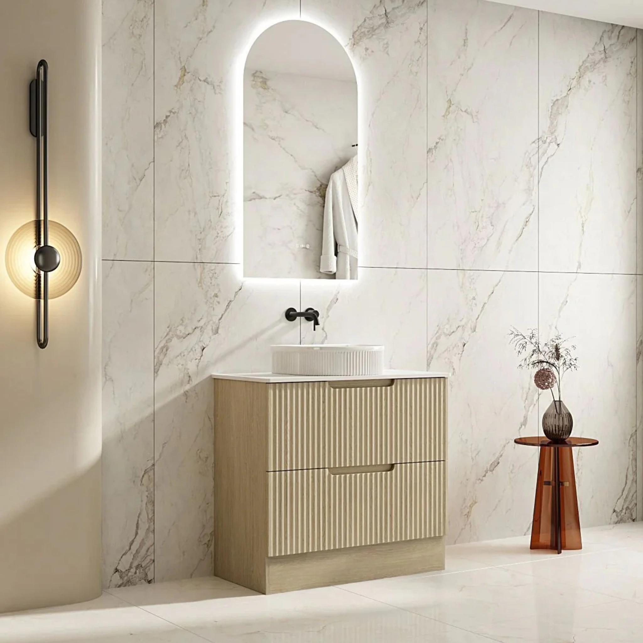 MERCIO RHEA FLUTED NATURAL OAK 900MM SINGLE BOWL FLOOR STANDING VANITY