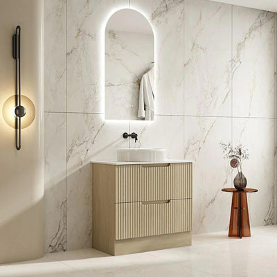 MERCIO RHEA FLUTED NATURAL OAK 900MM SINGLE BOWL FLOOR STANDING VANITY