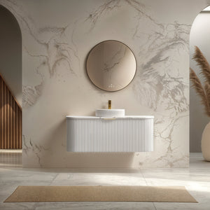 INFINITY RIO MATTE WHITE 1200MM CURVE SINGLE BOWL WALL HUNG VANITY W/ GERMAN HETTICH RUNNERS
