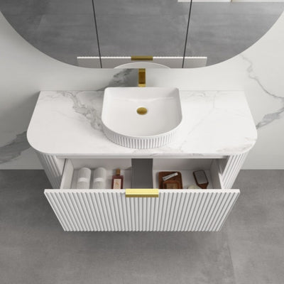 INFINITY RIO MATTE WHITE 1200MM CURVE SINGLE BOWL WALL HUNG VANITY W/ GERMAN HETTICH RUNNERS