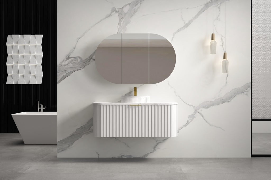 INFINITY RIO CURVED 1200MM MATTE WHITE WALL HUNG VANITY W/ GERMAN HETTICH RUNNERS