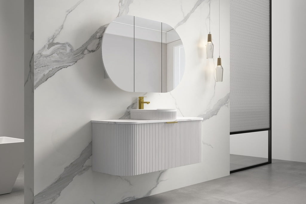 INFINITY RIO CURVED 1200MM MATTE WHITE WALL HUNG VANITY W/ GERMAN HETTICH RUNNERS