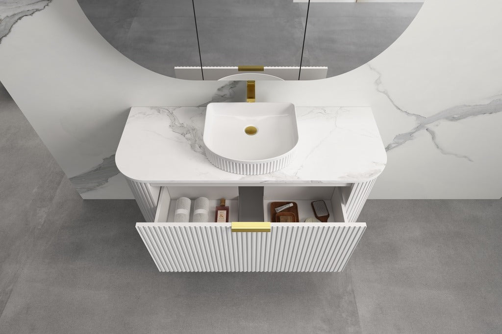 INFINITY RIO CURVED 1200MM MATTE WHITE WALL HUNG VANITY W/ GERMAN HETTICH RUNNERS