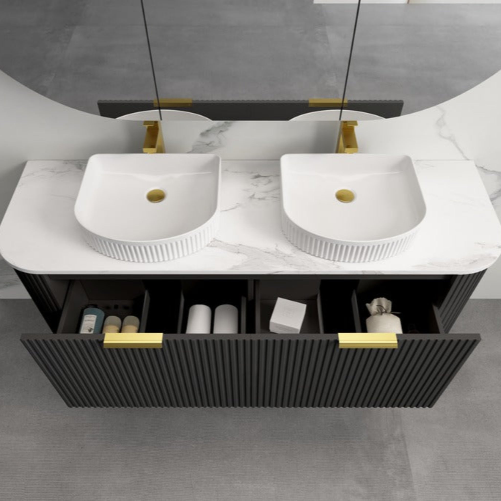 INFINITY RIO BLACK 1500MM CURVE DOUBLE BOWL WALL HUNG VANITY W/ GERMAN HETTICH RUNNERS