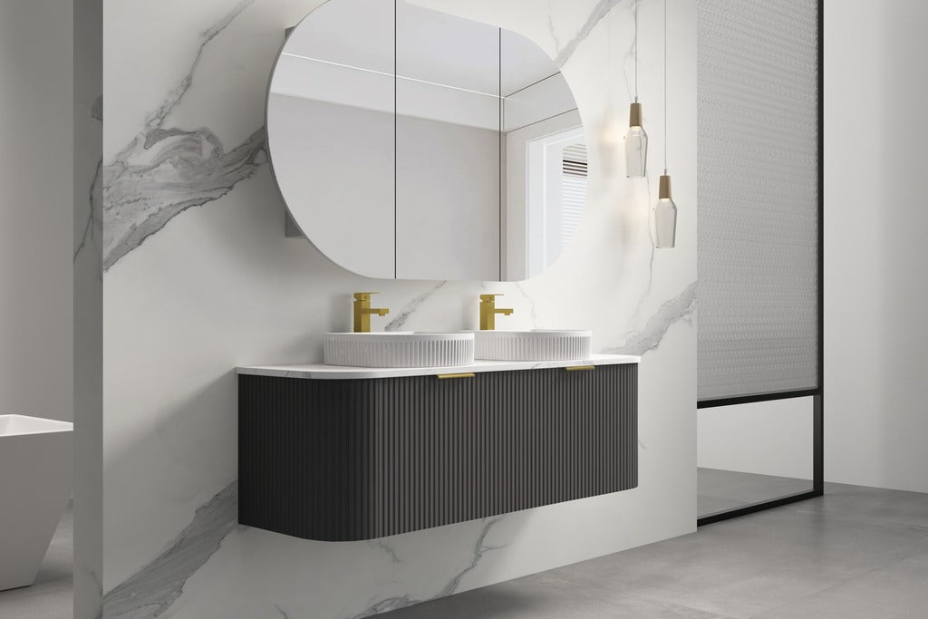 INFINITY RIO BLACK 1500MM CURVE DOUBLE BOWL WALL HUNG VANITY W/ GERMAN HETTICH RUNNERS