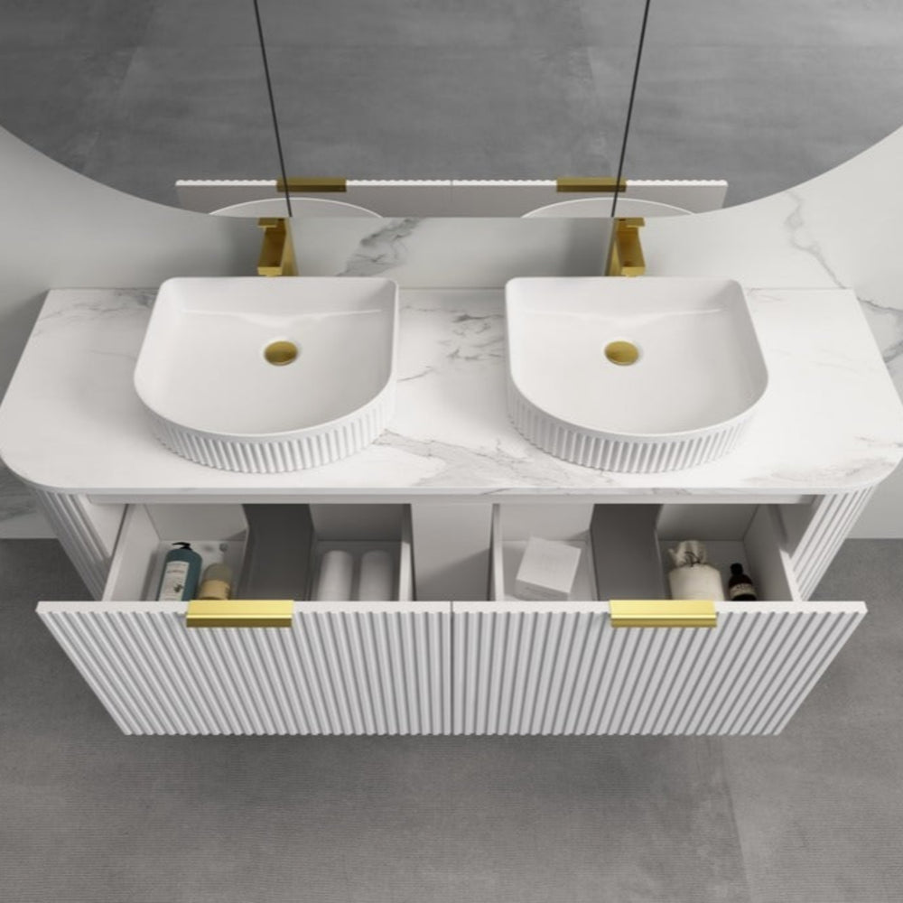 INFINITY RIO MATTE WHITE 1500MM CURVE DOUBLE BOWL WALL HUNG VANITY W/ GERMAN HETTICH RUNNERS