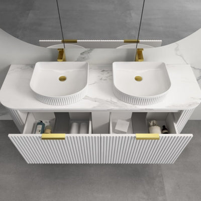 INFINITY RIO MATTE WHITE 1500MM CURVE DOUBLE BOWL WALL HUNG VANITY W/ GERMAN HETTICH RUNNERS