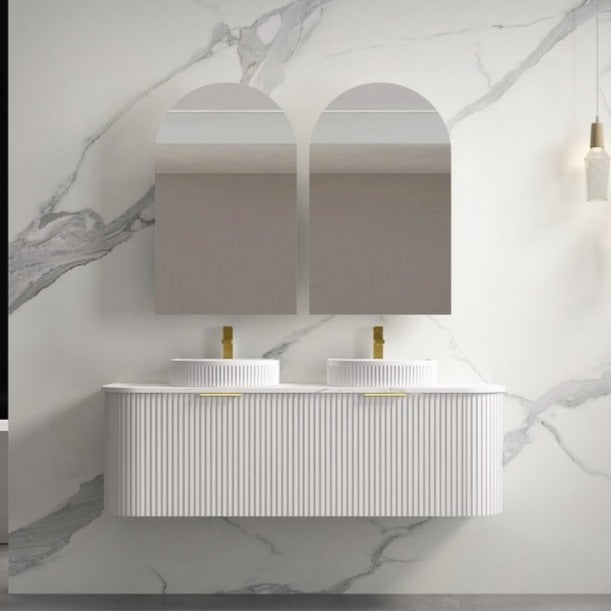 INFINITY RIO MATTE WHITE 1500MM CURVE DOUBLE BOWL WALL HUNG VANITY W/ GERMAN HETTICH RUNNERS