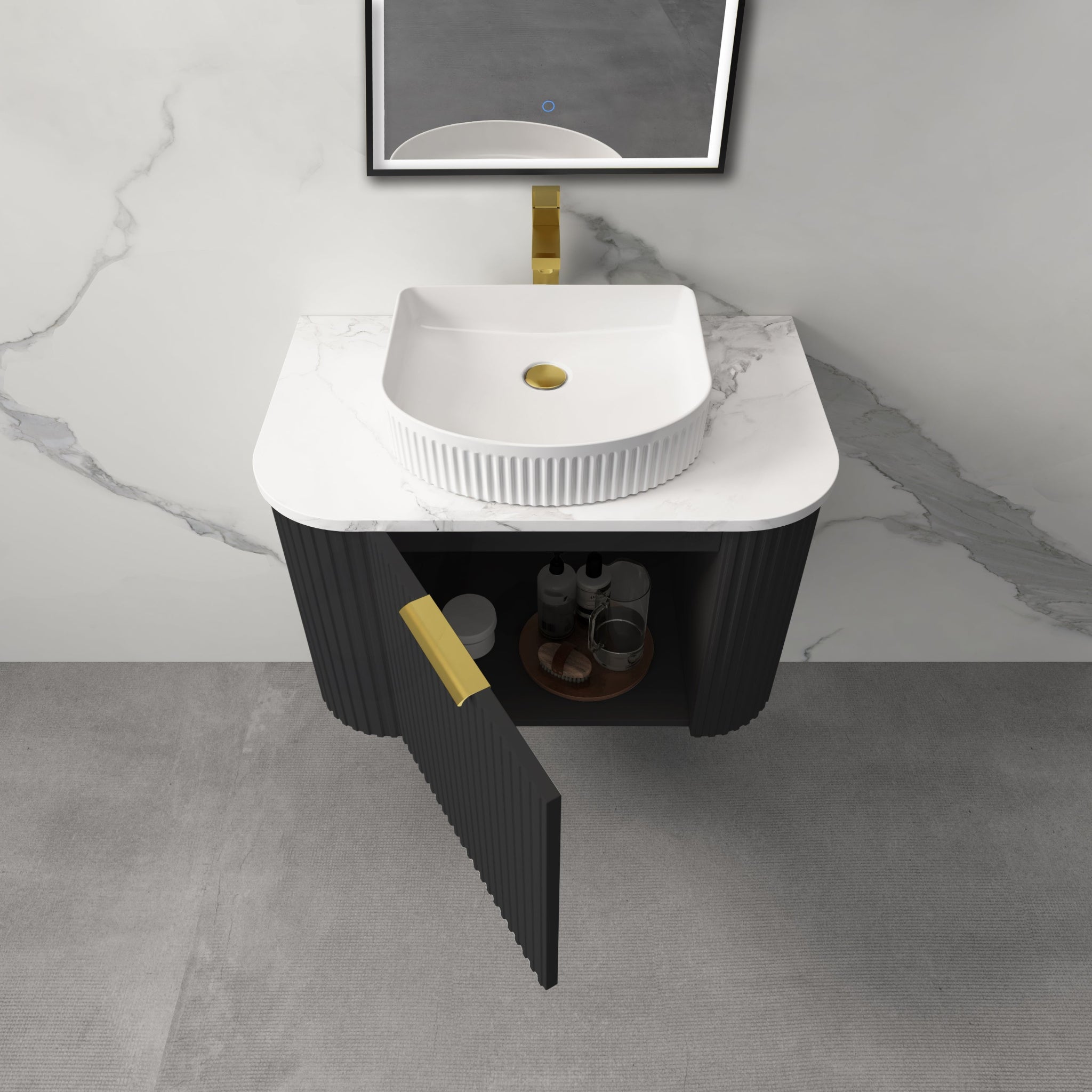 INFINITY RIO BLACK 600MM CURVED SINGLE BOWL WALL HUNG VANITY