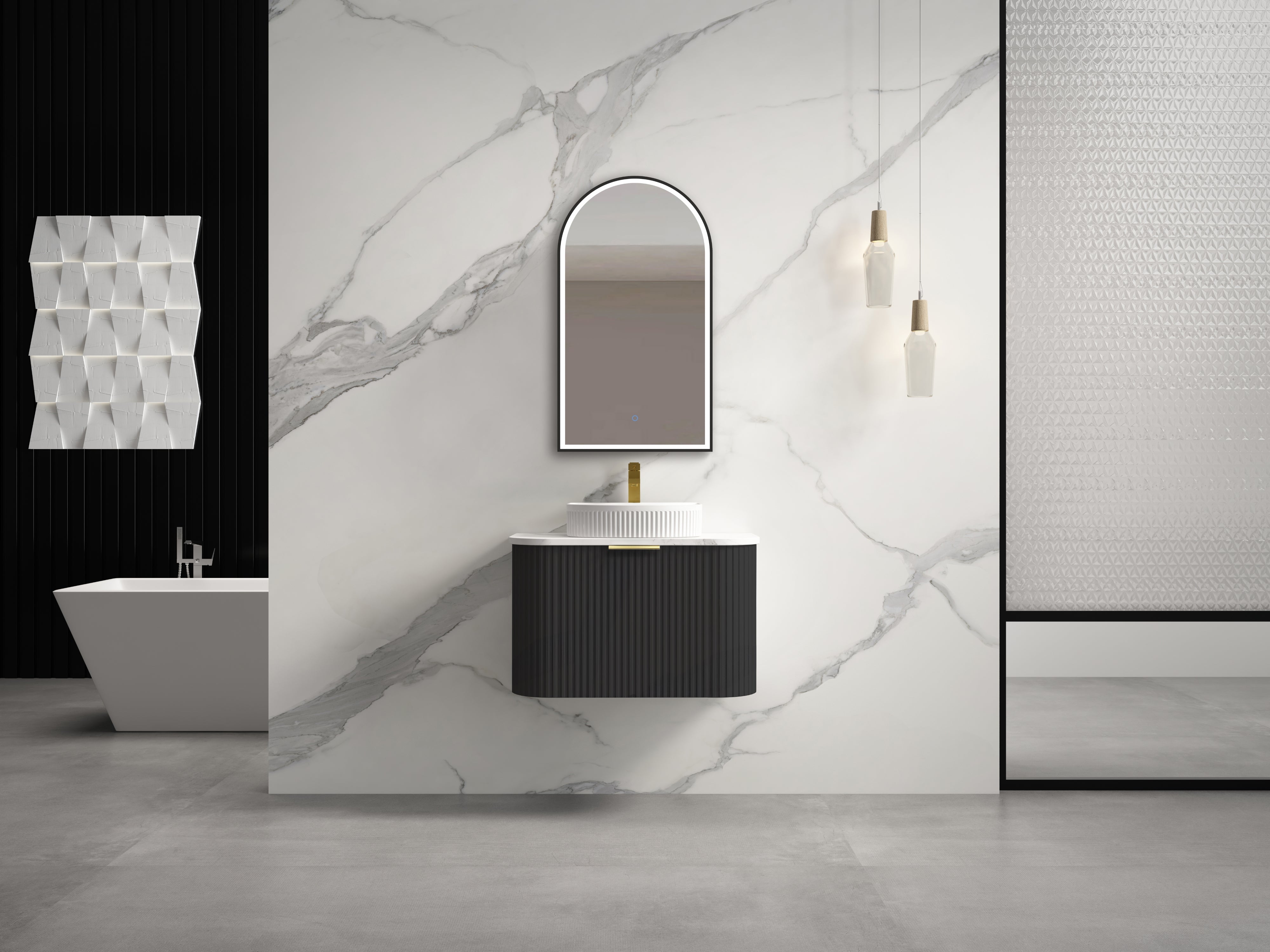 INFINITY RIO BLACK 600MM CURVED SINGLE BOWL WALL HUNG VANITY